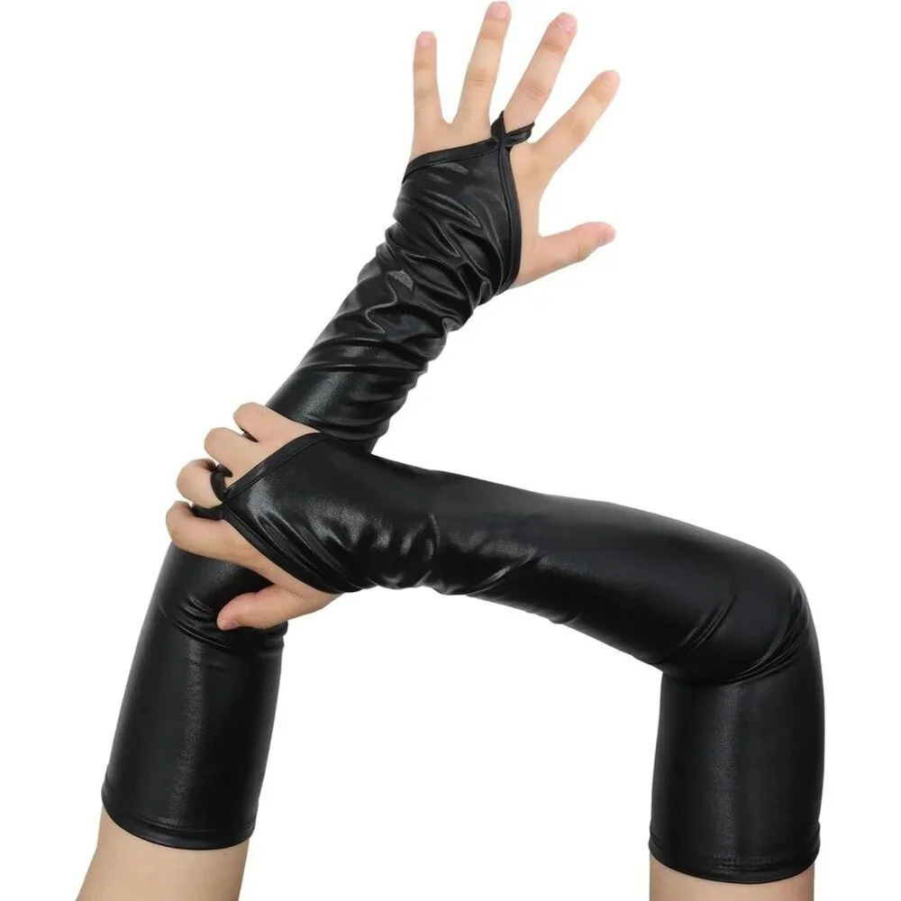 Women's Fingerless Shiny Metallic Spandex Black Fashion Long Elastic Gloves